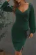 Green Wrapped Bodice Bubble Sleeve Bodycon Mini Dress with Slit