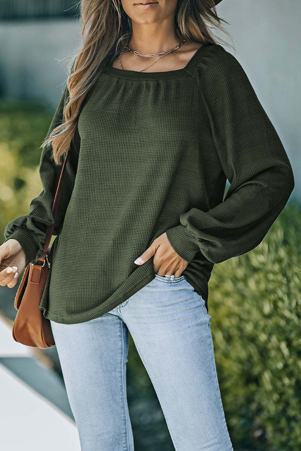 Green Waffle Texture Casual Square Neck Pullover $ 20.99 - Evaless