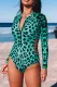 Green Leopard Print Zip Front Printed Long Sleeve One Piece Swimsuit Swimwear