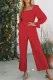 Red Soild Color Puff Sleeve Jumpsuit