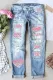 Sky Blue-1 Pink Leopard Love-shape Mid Waist Denim Ripped Jeans