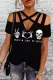 Black Skull Print Criss-Cross Cut Out Short Sleeve T-shirt