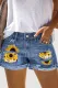 Sunflower Print Cutout Mid Waist Straight Non-elastic Denim Shorts