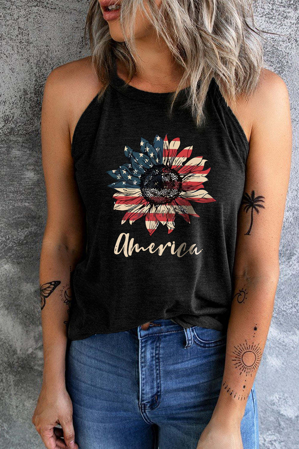 American flag Stars and Stripes Sunflower Tank Top $ 14.99 - Evaless
