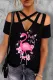 Black Flamingos Cherry Blossom Pattern Print Criss-Cross Cut Out Short Sleeve Top