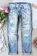 Sky Blue Gradient Spot Love-shape Mid Waist Denim Ripped Jeans