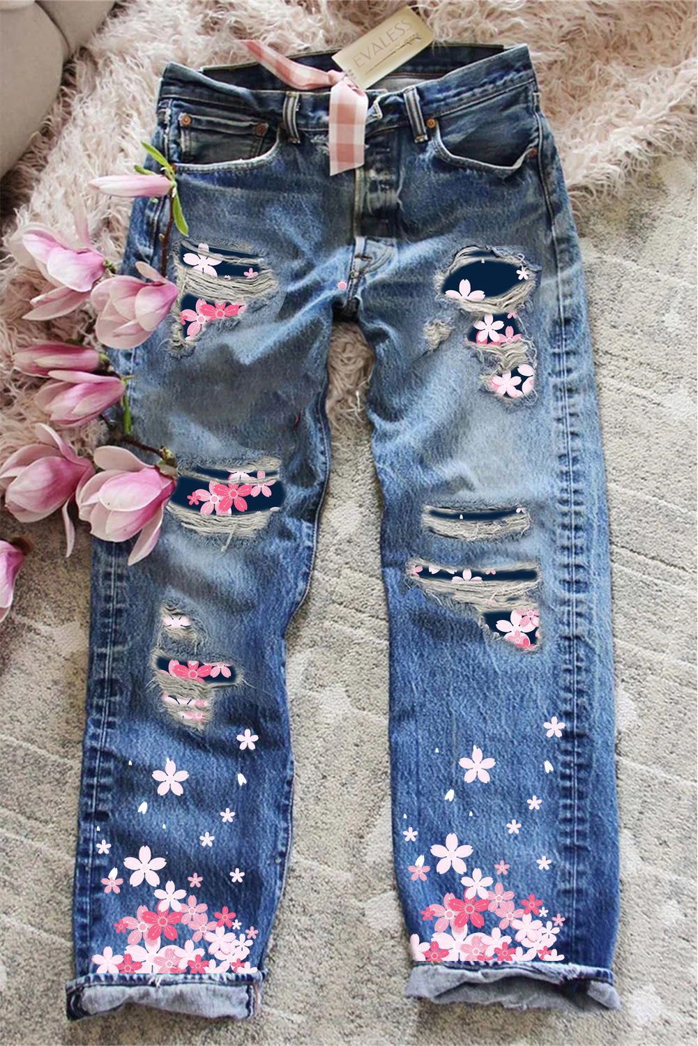 Cherry Blossoms Floral Ripped Jeans $ 46.99 - Evaless