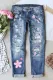 Cherry Blossoms Print Button Pockets Ripped Jeans