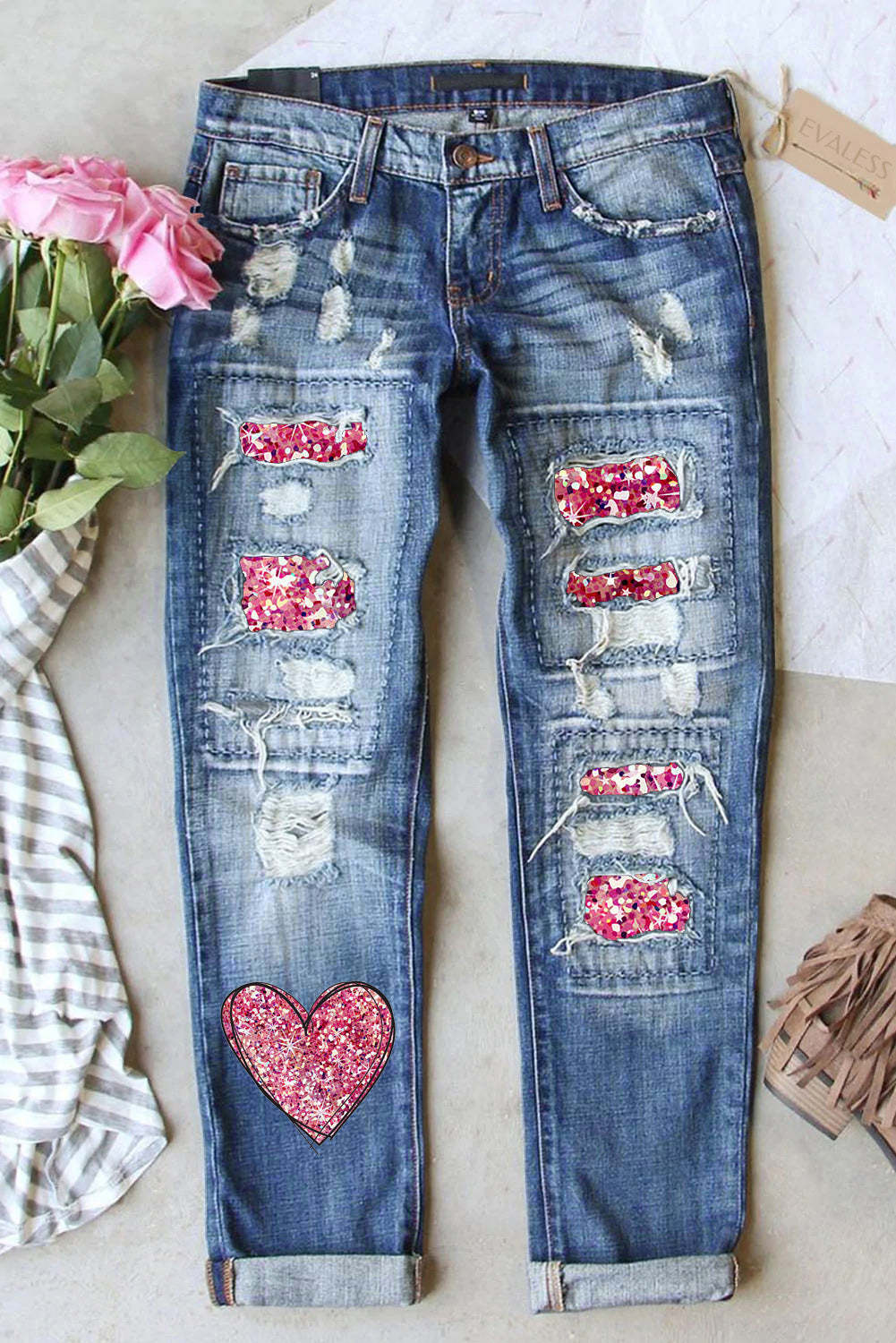 Shining Pink Heart-shaped Mid Waist Denim Ripped Jeans $ 29.99 - Evaless