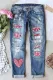 Shining Pink Heart-shaped Mid Waist Denim Ripped Jeans