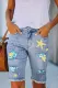Light Blue Star Waves Print Distressed Denim Bermuda Shorts