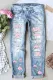 Pink Floral Print Button Pockets Ripped Jeans