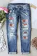 Baseball Print Button Pockets Ripped Jeans