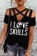 Skull Lover Print Criss-Cross Cut Out Short Sleeve Top