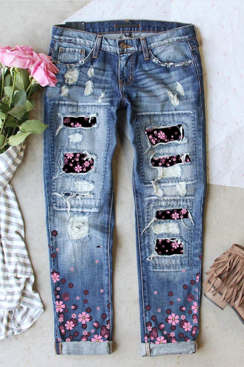 Floral Patchwork Ripped Denim Jeans $ 43.99 - Evaless