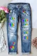 Rainbow Color Floral Print Splicing Distressed Jeans