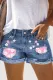 Cherry Blossom Patchwork Ripped Non-elastic Denim Shorts