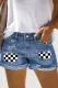 Plaid Racing Checkered Flag Skinny Fit Ripped Non-elastic Denim Shorts