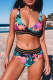 Tropical Print Striped Mesh Patchwork Bikini Swimsuit