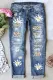Blue Leopard Daisy Button Pockets Ripped Jeans