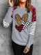 Valentine Striped Leopard Plaid Heart Patchwork Long Sleeve Top Gray