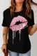 Pink Leopard Lip Graphic Round Neck Casual T-Shirts
