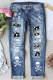 Button Pockets Skull Print Mid Waist Ripped Jeans
