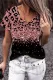 Shiny Gradient Pink Leopard V Neck Casual T-Shirts