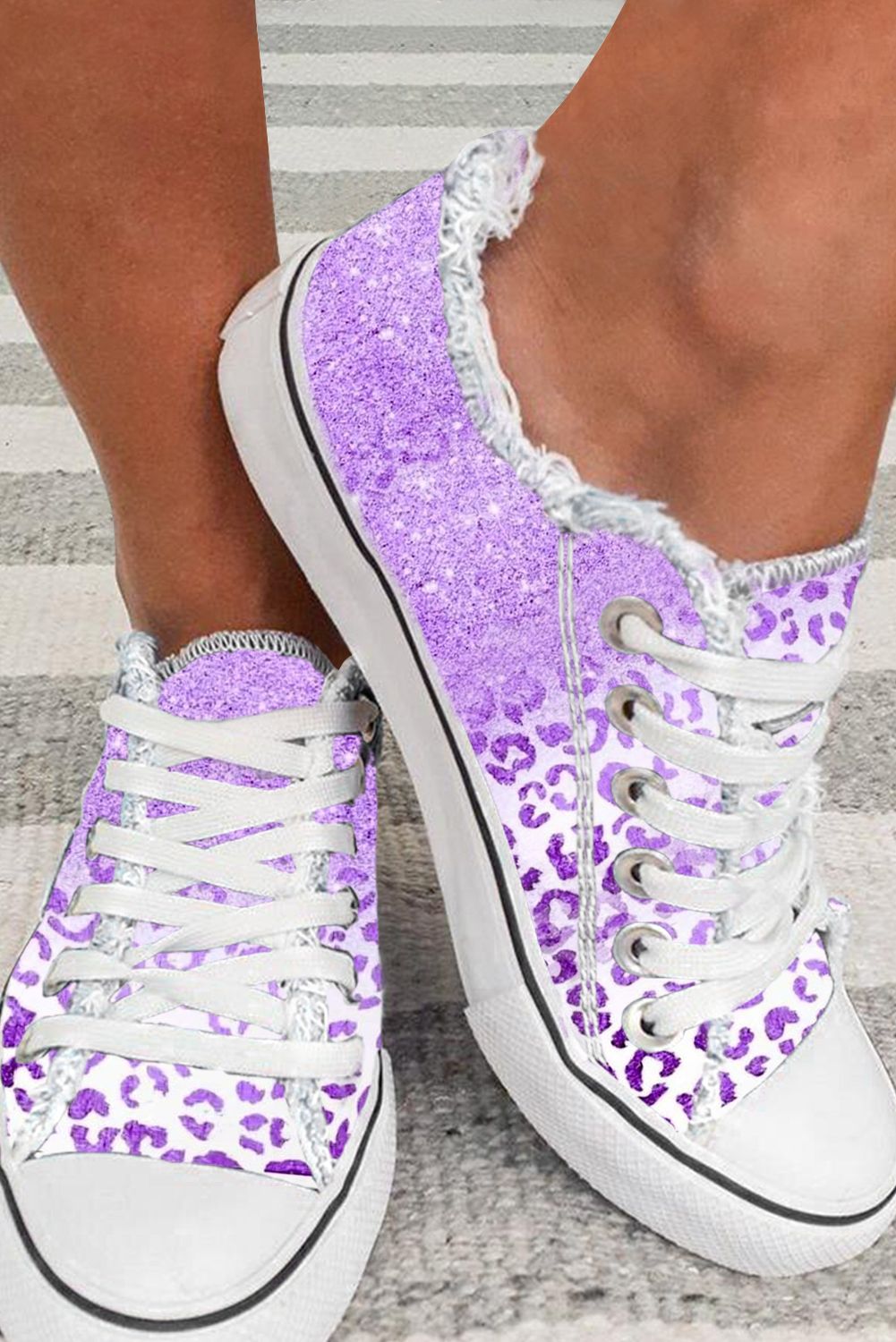 Purple Leopard Casual Flats Lace Up Canvas Shoes $ 29.99 - Evaless