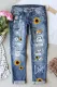 Blue Casual Mid Waist Ripped Jeans