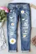 Blue Daisy Floral Print Button Pockets Ripped Jeans