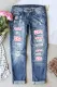Heart Print Straight Mid Waist Ripped Jeans