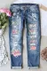 Shiny Pink Love Graphic Mid Waist Denim Ripped Jeans
