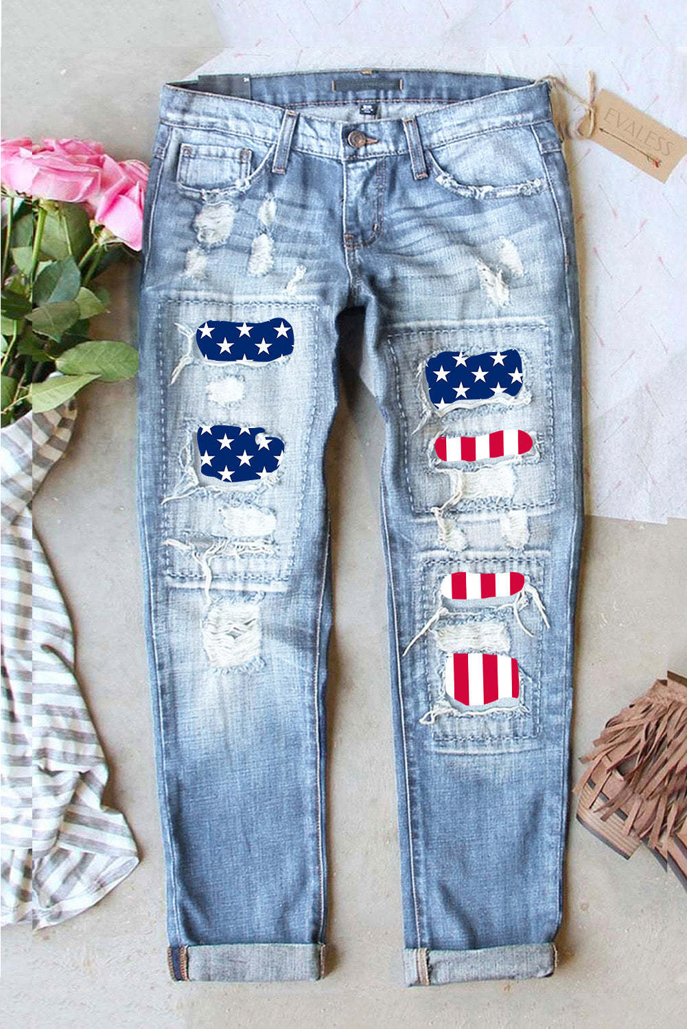 American Flag High Waist Loose Ripped Jeans $ 39.99 - Evaless