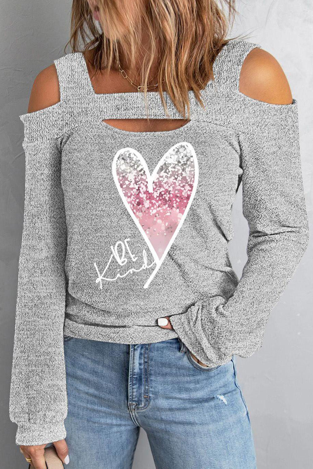 Ombre Heart-Shaped Cold Shoulder Long Sleeve Top $ 29.99 - Evaless