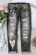 Gradient Cherry Blossom Graphic Print Button Pockets Mid Waist Ripped Jeans