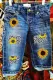 Blue Sunflower Leopard Print Mid Waist Denim Short