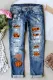 Pumpkin Ghost Print Button Pockets Ripped Jeans