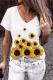 White Sunflower Print V-neck loose T-shirt
