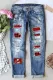 Plaid Letter Print Heart-shaped Raw Hem Ripped Shift Casual Jeans