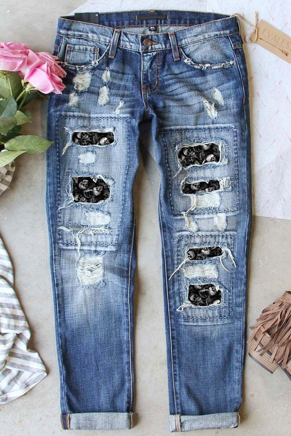 Blue Skull Print Button Pockets Ripped Jeans $ 39.99 - Evaless