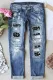 Blue Skull Print Button Pockets Ripped Jeans
