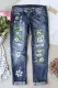 Green Women's Jeans Floral Slim Patchwork Mid Waist Jeans