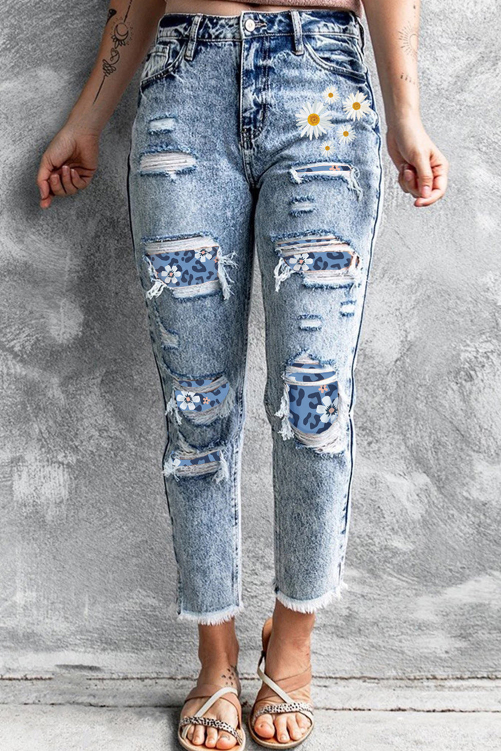Blue Ripped Floral Casual Jeans $ 36.99 - Evaless