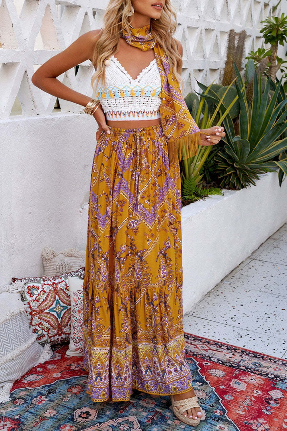 Floral Print Ruffled Drawstring Boho Maxi Skirt $ 47.99 - Evaless