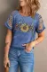 Blue Floral Casual Straight T-shirt