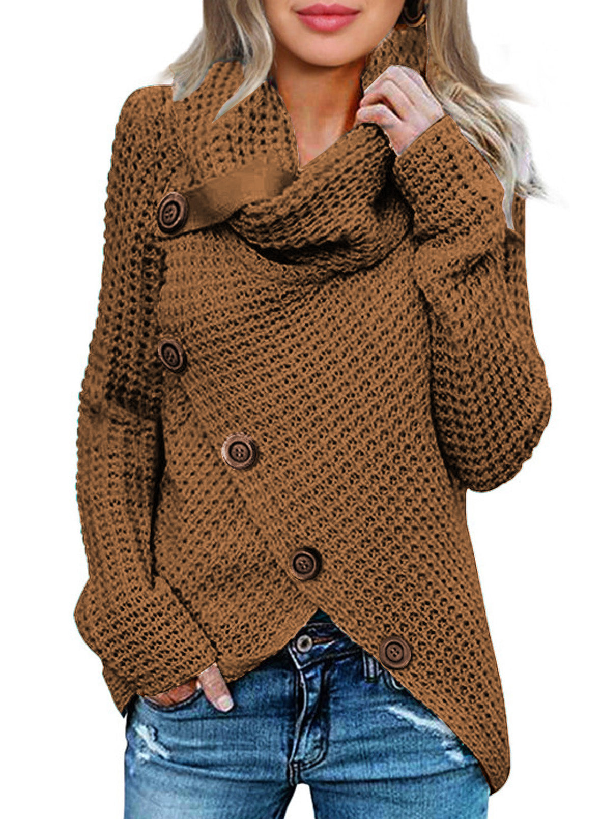 Khaki Buttoned Wrap Turtleneck Sweater $ 32.99 - Evaless
