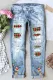 Sky Blue  Christmas Elk Plaid Shift Casual Ripped Jeans