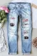 Sky Blue  Cherry Blossoms Letter Shift Casual Ripped Jeans