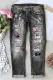 Gray Cherry Blossoms Letter Shift Casual Ripped Jeans
